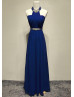 Beaded Halter Neck Navy Blue Chiffon Stunning Evening Dress